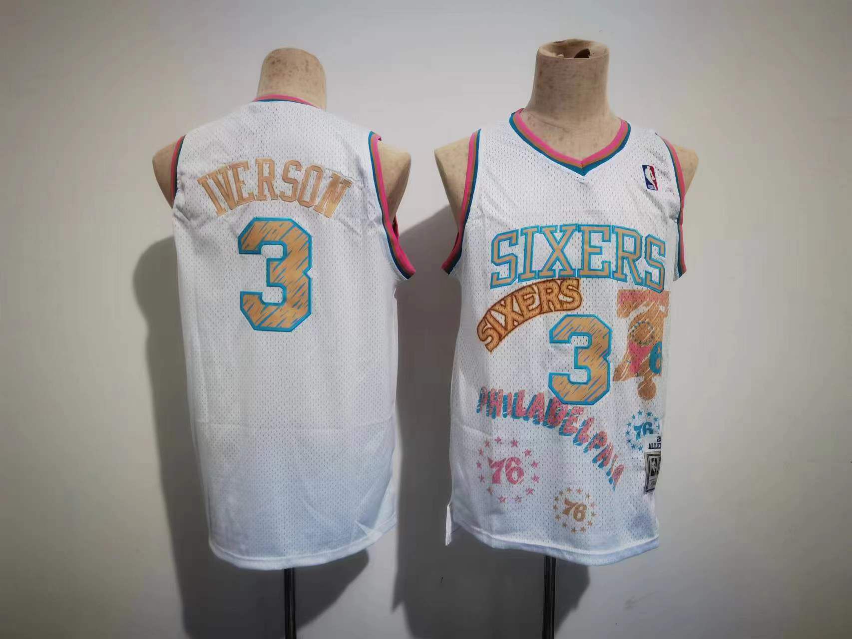 Men Philadelphia 76ers 3 Iverson White Sketching version NBA Jersey